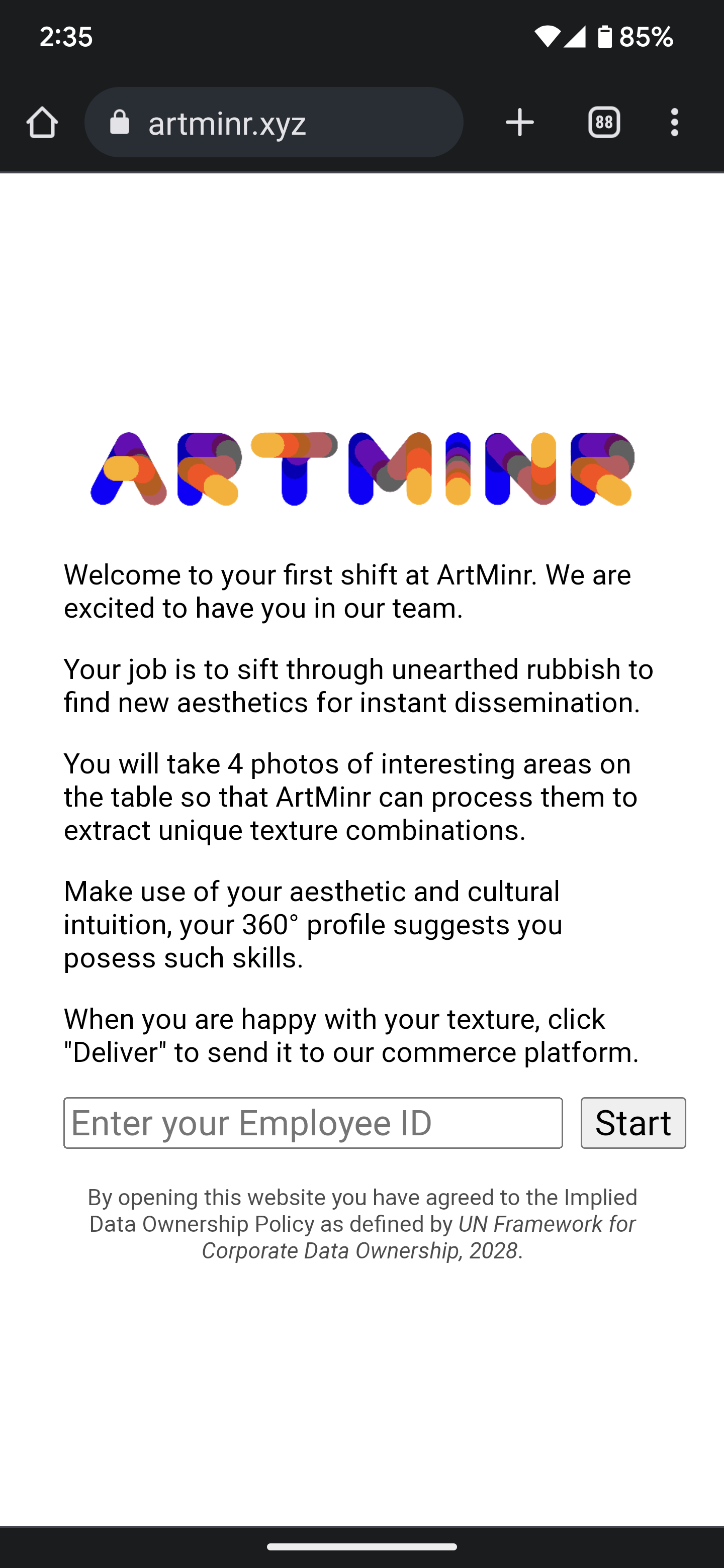 Intro screen for ArtMinr